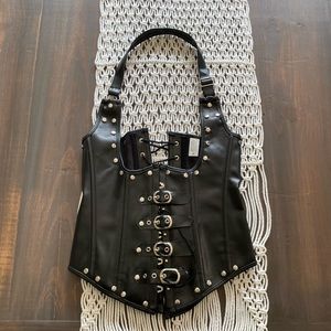 Faux Leather plunging neck hook/buckle and lace up corset